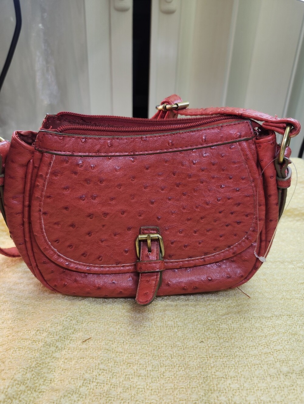 Textured Red Crossbody Saddle Bag with Buckle Accent